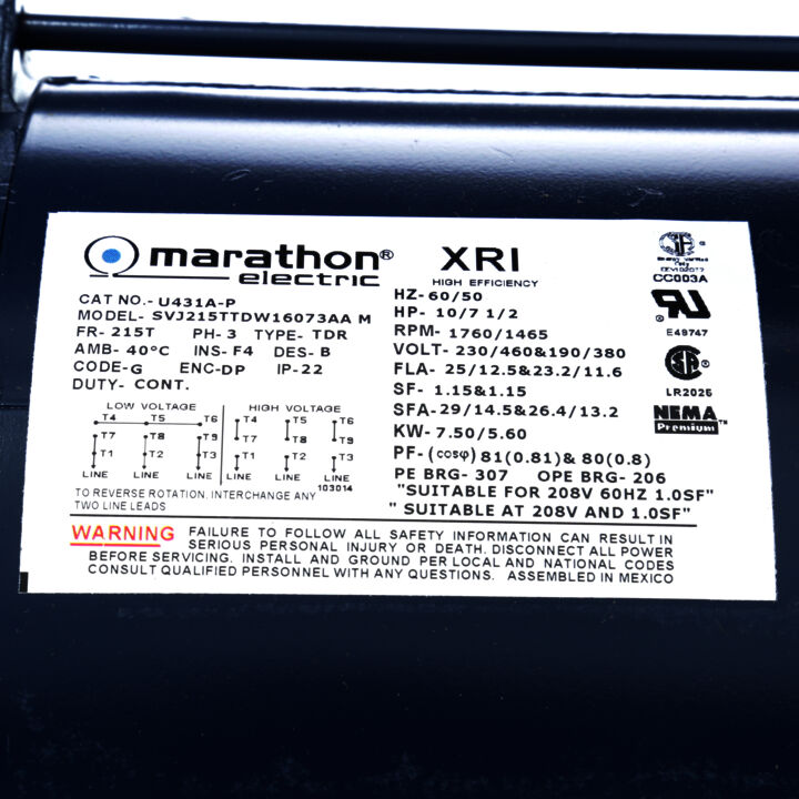 General Purpose Motor, 10 & 7.50 HP, 3 Ph, 60 & 50 Hz, 230/460 & 190/380 V, 1800 & 1500 RPM, 215T Frame, DP