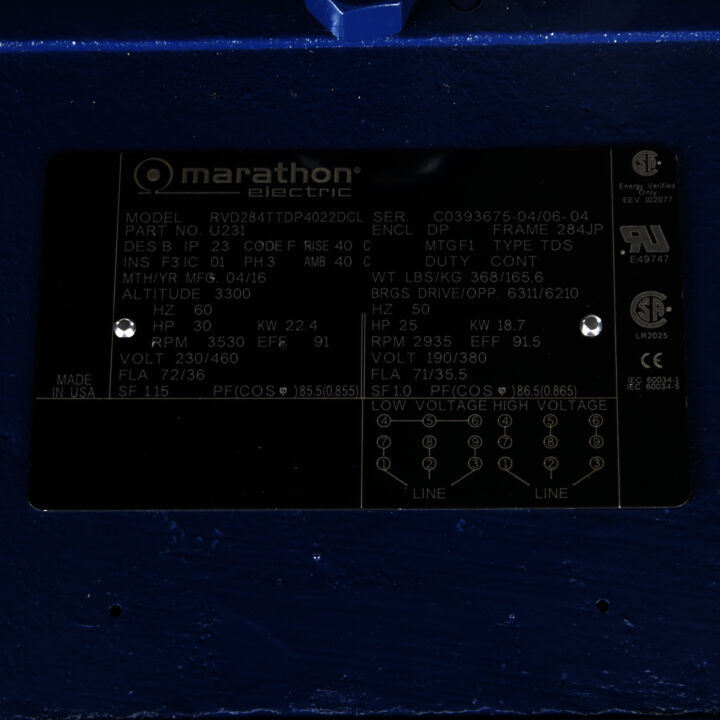 Close-Coupled Pump Motor, 30 & 25 HP, 3 Ph, 60 & 50 Hz, 230/460 & 190/380 V, 3600 & 3000 RPM, 284JP Frame, DP