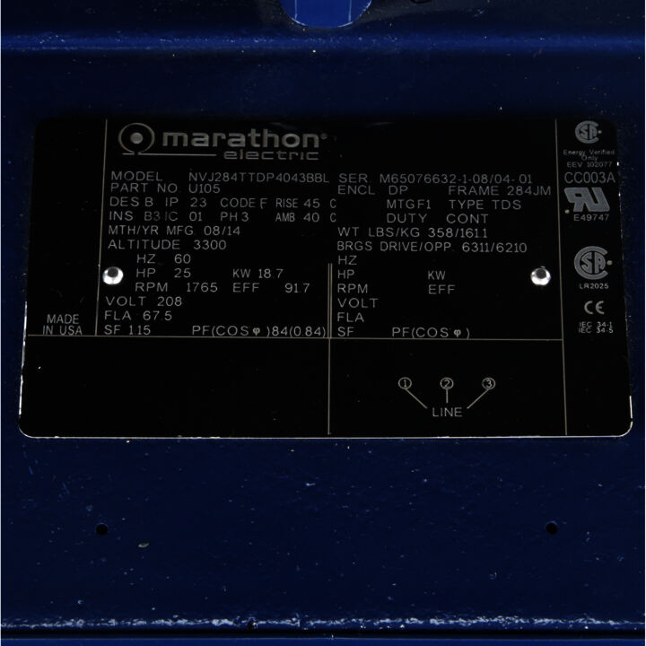 Close-Coupled Pump Motor, 25 HP, 3 Ph, 60 Hz, 208 V, 1800 RPM, 284JM Frame, DP