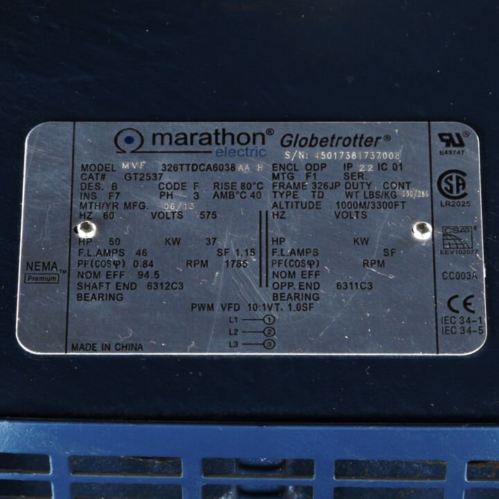 Close-Coupled Pump Motor, 50 HP, 3 Ph, 60 Hz, 575 V, 1800 RPM, 326JP Frame, DP