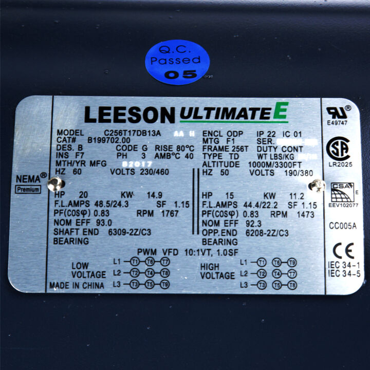 General Purpose Motor, 20 & 15 HP, 3 Ph, 60 & 50 Hz, 230/460 & 190/380 V, 1800 & 1500 RPM, 256T Frame, DP