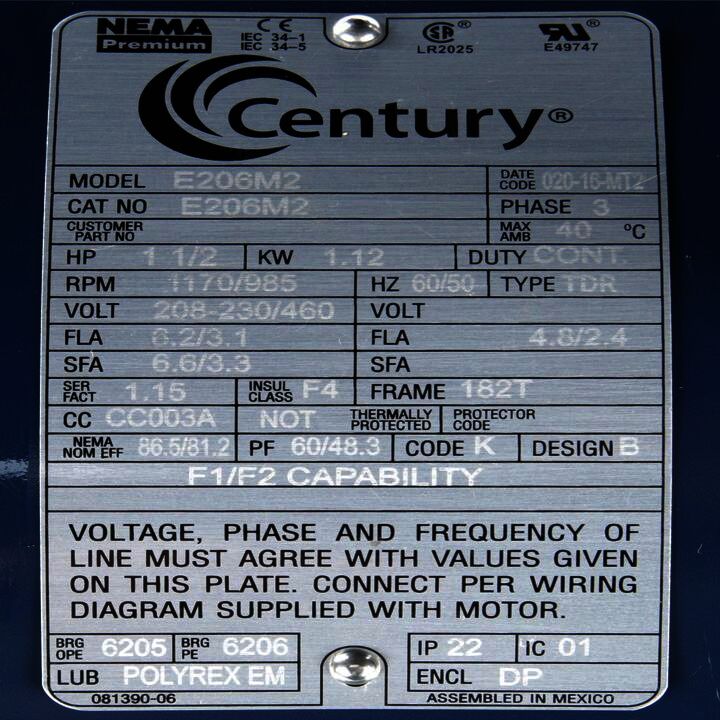 General Purpose Motor, 1 1/2 HP, 3 Ph, 60 Hz, 230/460 V, 1200 RPM, 182T Frame, DP