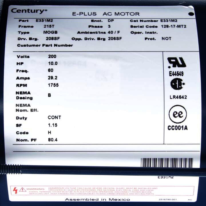 General Purpose Motor, 10.0 HP, 3 Ph, 60 Hz, 200 V, 1800 RPM, 215T Frame, DP