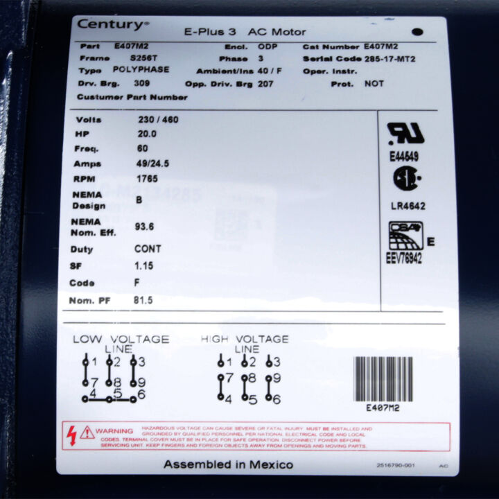 General Purpose Motor, 20.0 HP, 3 Ph, 60 Hz, 230/460 V, 1800 RPM, S256T Frame, ODP