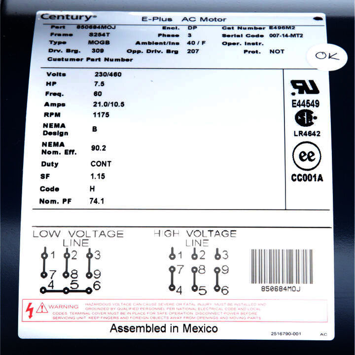 General Purpose Motor, 7.5 HP, 3 Ph, 60 Hz, 230/460 V, 1200 RPM, S254T Frame, DP