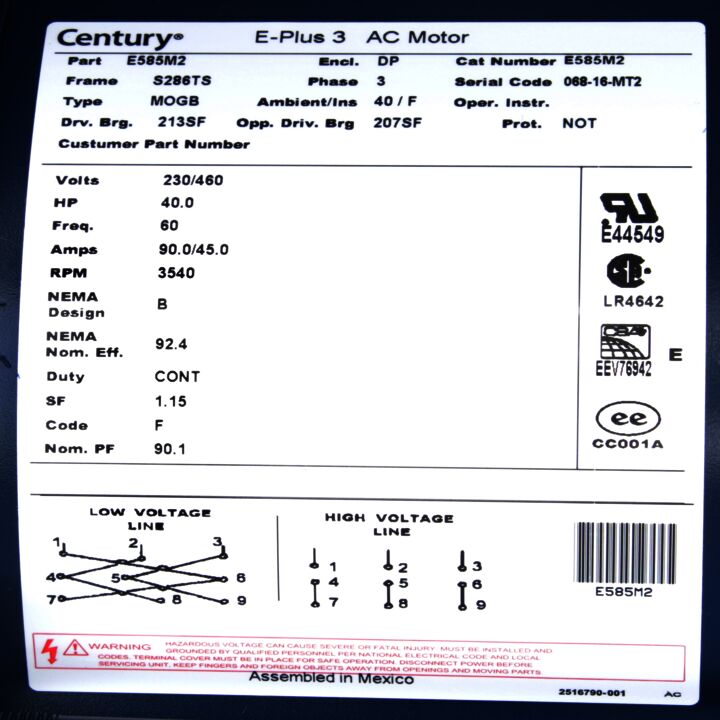 General Purpose Motor, 40.0 HP, 3 Ph, 60 Hz, 230/460 V, 3600 RPM, S286TS Frame, DP