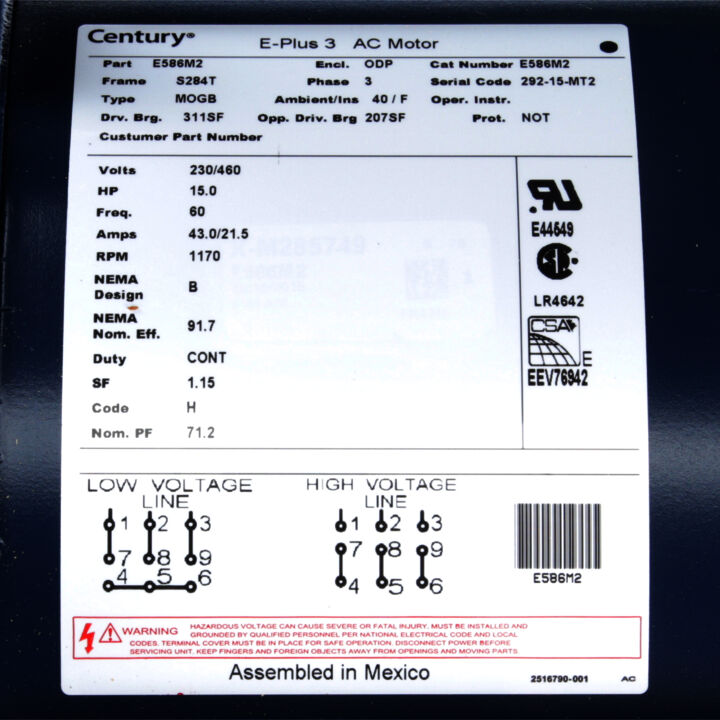 General Purpose Motor, 15.0 HP, 3 Ph, 60 Hz, 230/460 V, 1200 RPM, S284T Frame, ODP