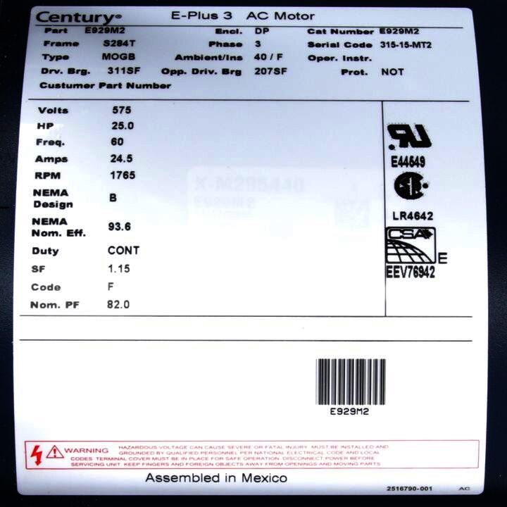General Purpose Motor, 25.0 HP, 3 Ph, 60 Hz, 575 V, 1800 RPM, S284T Frame, DP