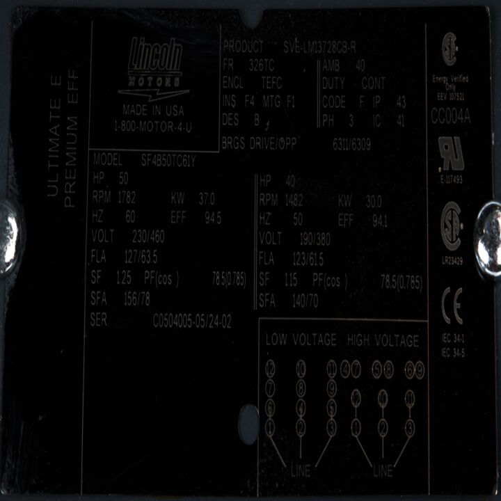 General Purpose Motor, 50 & 40 HP, 3 Ph, 60 & 50 Hz, 230/460 & 190/380 V, 1800 & 1500 RPM, 326TC Frame, TEFC
