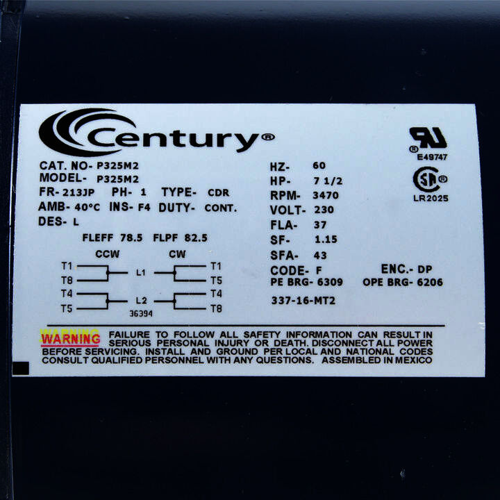 Close-Coupled Pump Motor, 7.5 HP, 1 Ph, 60 Hz, 230 V, 3600 RPM, 213JP Frame, ODP