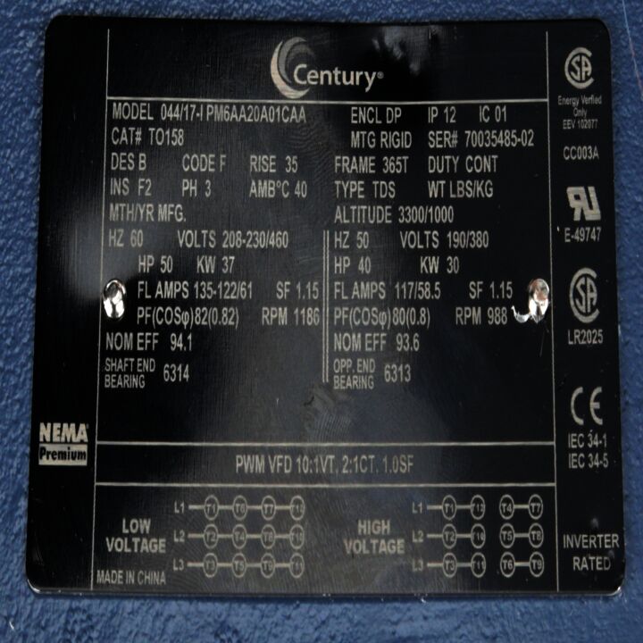 General Purpose Motor, 50 HP, 3 Ph, 60 Hz, 208-230/460 V, 1200 RPM, 365T Frame, DP