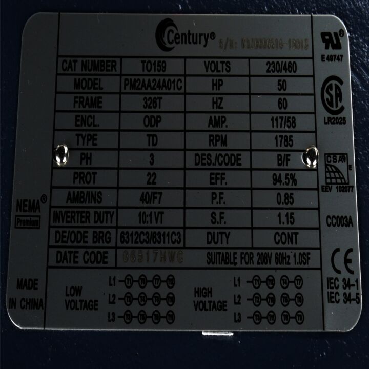 General Purpose Motor, 50 HP, 3 Ph, 60 Hz, 208-230/460 V, 1800 RPM, 326T Frame, DP