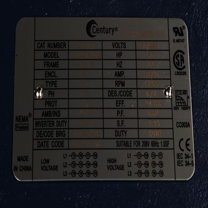 General Purpose Motor, 50 HP, 3 Ph, 60 Hz, 208-230/460 V, 1800 RPM, 326TS Frame, ODP
