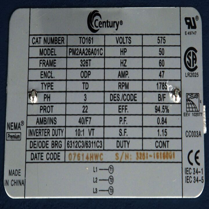 General Purpose Motor, 50 HP, 3 Ph, 60 Hz, 575 V, 1800 RPM, 326T Frame, ODP