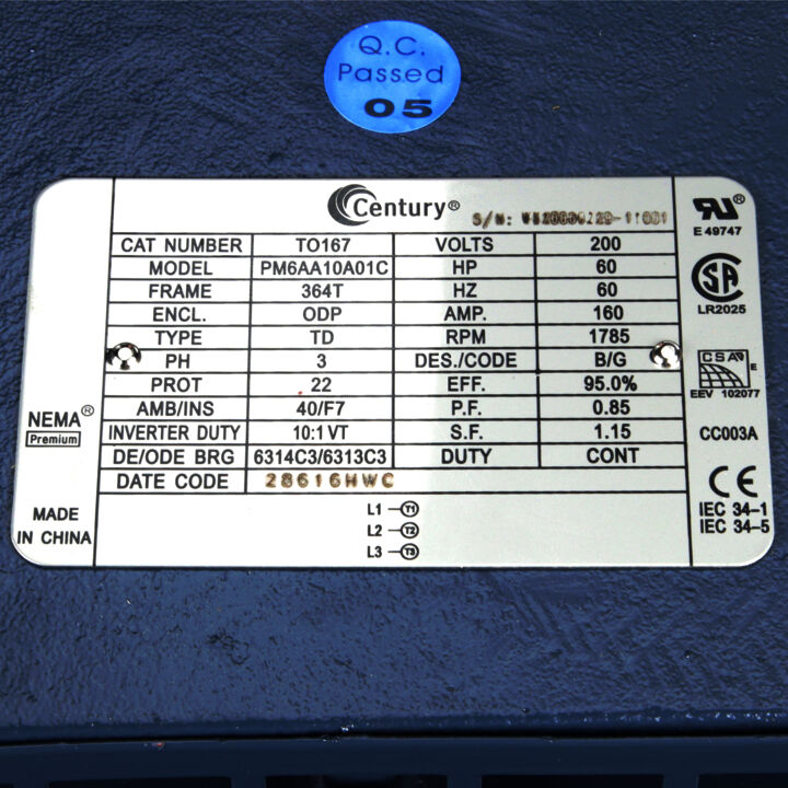 General Purpose Motor, 60 HP, 3 Ph, 60 Hz, 200 V, 1800 RPM, 364T Frame, ODP