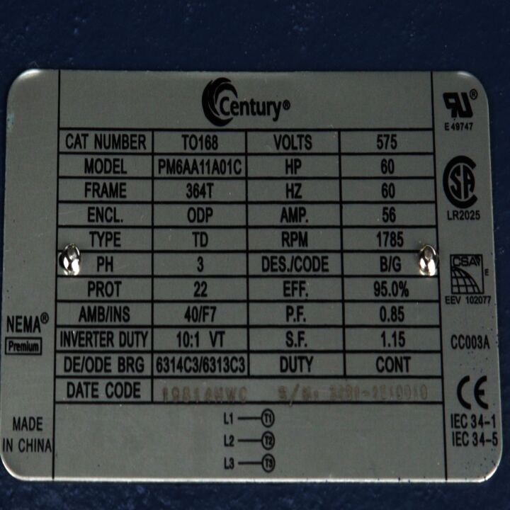 General Purpose Motor, 60 HP, 3 Ph, 60 Hz, 575 V, 1800 RPM, 364T Frame, ODP