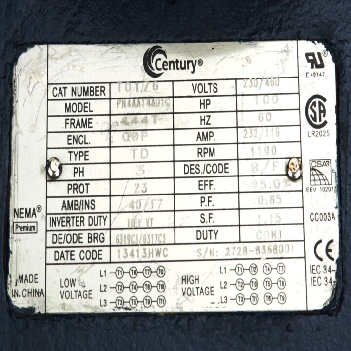 General Purpose Motor, 100 HP, 3 Ph, 60 Hz, 230/460 V, 1200 RPM, 444T Frame, DP