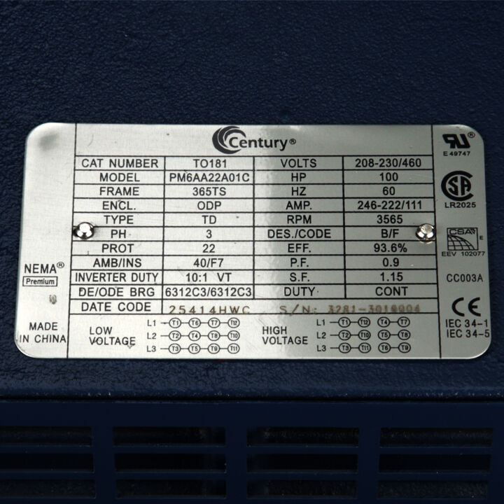General Purpose Motor, 100 HP, 3 Ph, 60 Hz, 208-230/460 V, 3600 RPM, 365TS Frame, DP