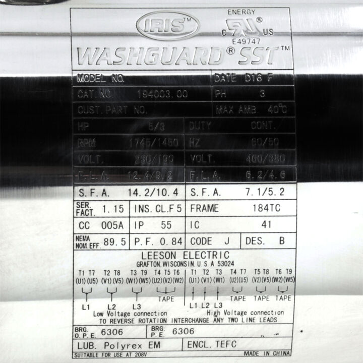 General Purpose Motor, 5 & 3 HP, 3 Ph, 60 & 50 Hz, 230/460 & 190/380 V, 1800 & 1500 RPM, 184TC Frame, TEFC