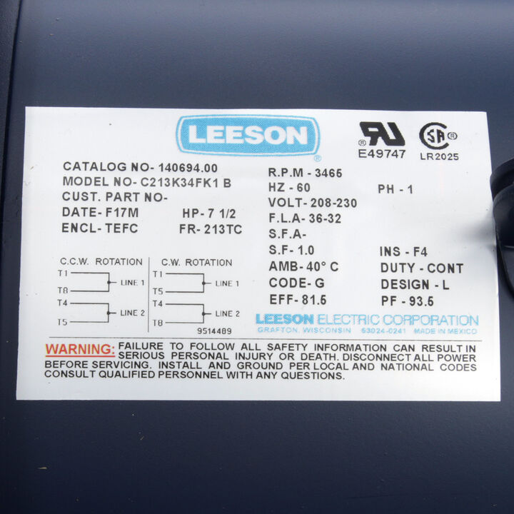 General Purpose Motor, 7.50 HP, 1 Ph, 60 Hz, 208-230 V, 3600 RPM, 213TC Frame, TEFC