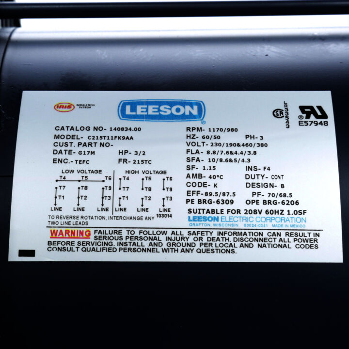 General Purpose Motor, 3 & 2 HP, 3 Ph, 60 & 50 Hz, 230/460 & 190/380 V, 1200 & 1000 RPM, 215TC Frame, TEFC