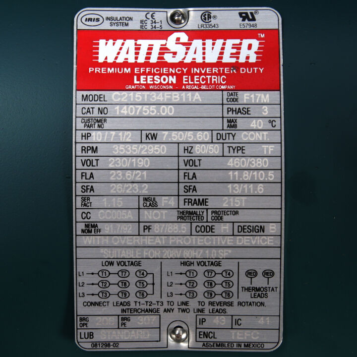 General Purpose Motor, 10 & 7.50 HP, 3 Ph, 60 & 50 Hz, 230/460 & 190/380 V, 3600 & 3000 RPM, 215T Frame, TEFC