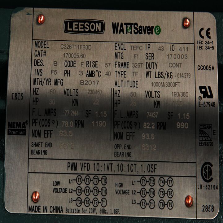 General Purpose Motor, 30 & 25 HP, 3 Ph, 60 & 50 Hz, 208-230/460 & 190/380 V, 1200 & 1000 RPM, 326T Frame, TEFC