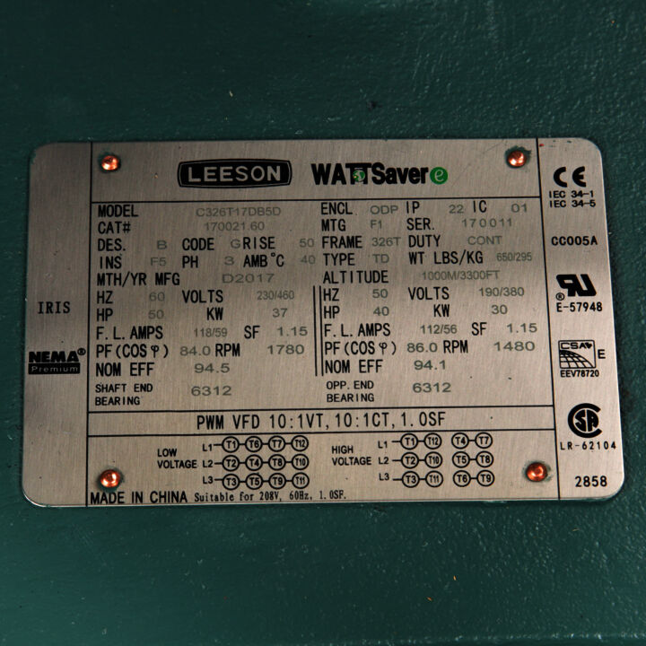 General Purpose Motor, 50 & 40 HP, 3 Ph, 60 & 50 Hz, 208-230/460 & 190/380 V, 1800 & 1500 RPM, 326T Frame, DP