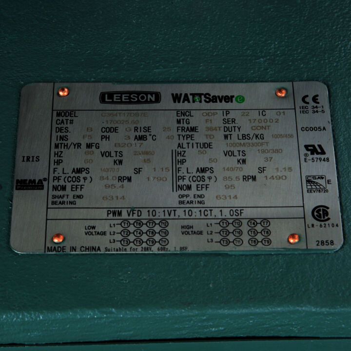 General Purpose Motor, 60 & 60 HP, 3 Ph, 60 & 50 Hz, 208-230/460 & 190/380 V, 1800 & 1500 RPM, 364T Frame, DP