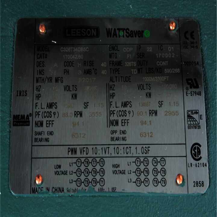 General Purpose Motor, 60 & 50 HP, 3 Ph, 60 & 50 Hz, 208-230/460 & 190/380 V, 3600 & 3000 RPM, 326TS Frame, DP