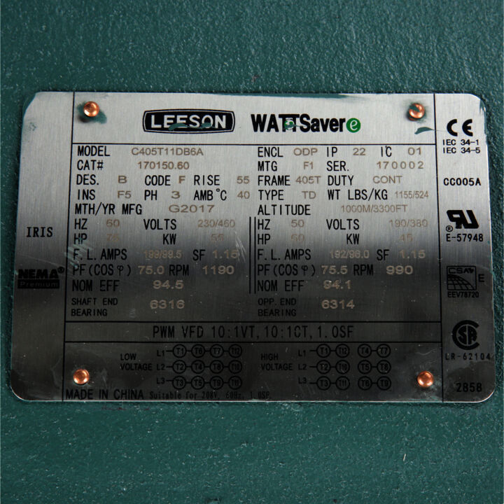 General Purpose Motor, 75 & 60 HP, 3 Ph, 60 & 50 Hz, 208-230/460 & 190/380 V, 1200 & 1000 RPM, 405T Frame, DP